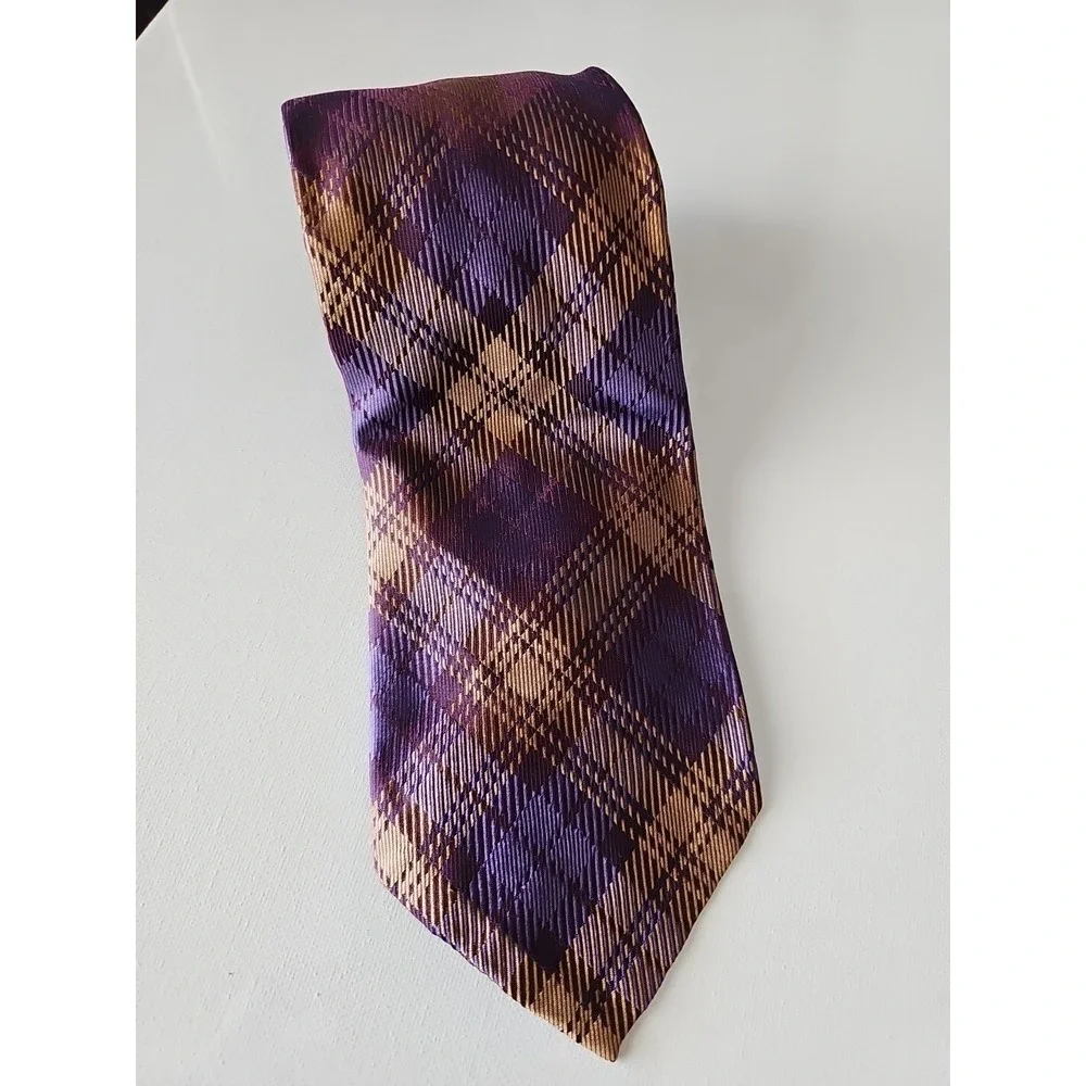 Paul Stuart Brown‎ Purple Plaid Design Handmade 100% Silk Neck Tie Made in Italy